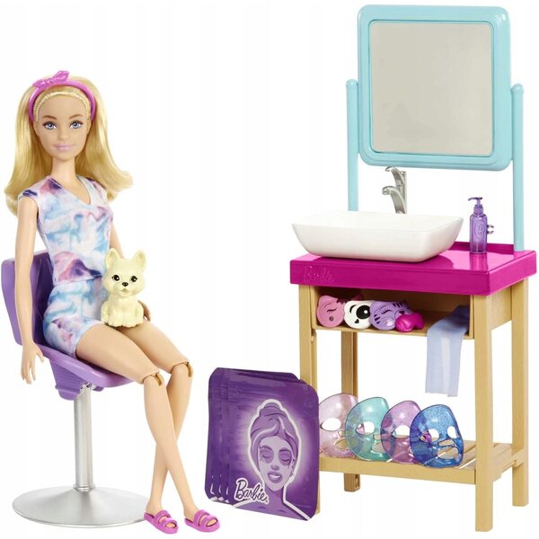 Barbie Domowe Spa-Set mit 15 Zubehörteilen und Maseczka – Pflege- und Entspannungsspiel