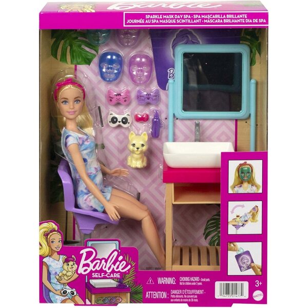 Barbie Domowe Spa-Set mit 15 Zubehörteilen und Maseczka – Pflege- und Entspannungsspiel