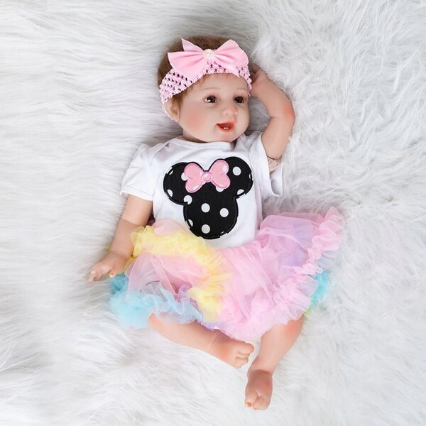55 cm große Reborn-Puppe mit Zubehör, buntem Kleid, realistisches Baby