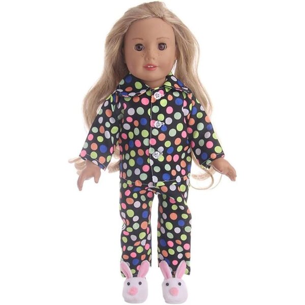 Pyjama-Kleidung für 18-Zoll-amerikanische Puppen – 2-teiliges Set mit gepunktetem Oberteil und Hose