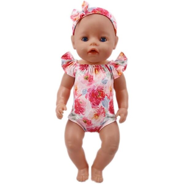 18-Zoll-Puppenkleidung für amerikanische Puppen – Blumen-Badeanzug mit Stirnband, 2-teilig