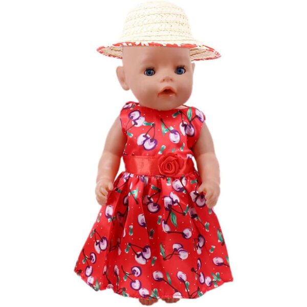 Kirschkleid und Hut für 18-Zoll-amerikanische Puppen – 2-teiliges Set