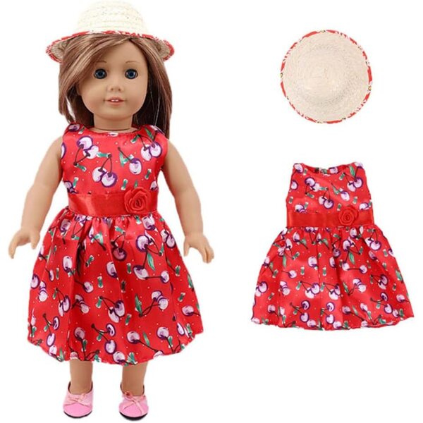 Kirschkleid und Hut für 18-Zoll-amerikanische Puppen – 2-teiliges Set