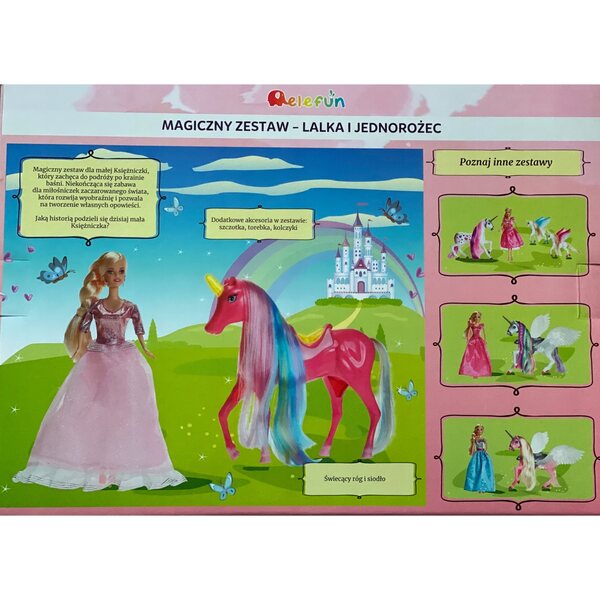 Magico set bambola principessa e unicorno luminoso per gioco creativo 7+