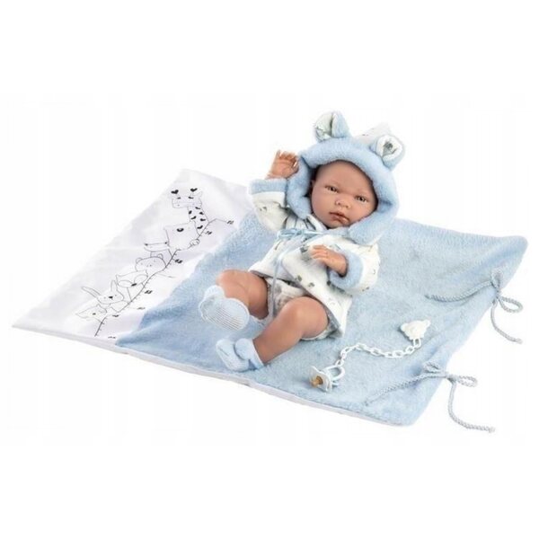 Bambola Neonato Maschietto 40cm Llorens con Copertina Blu in Cotone Organico