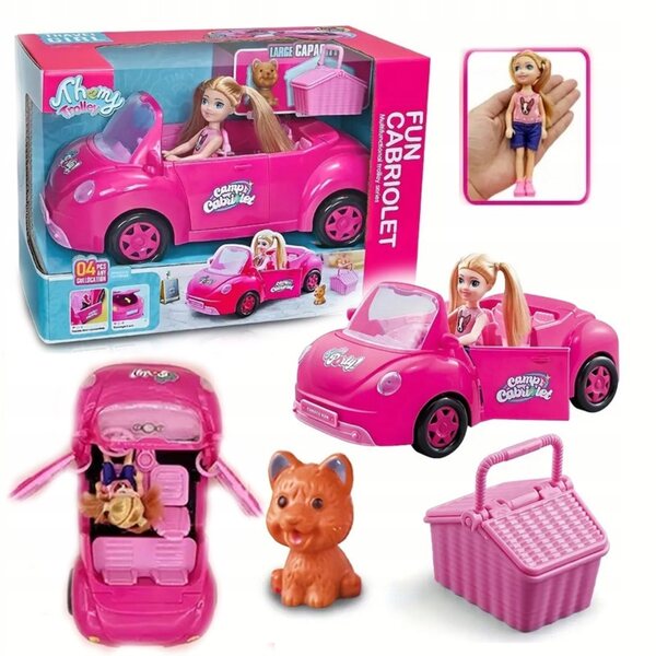 Set Giocattolo Bambina con Mini Doll, Cane e Auto Cabriolet Rosa