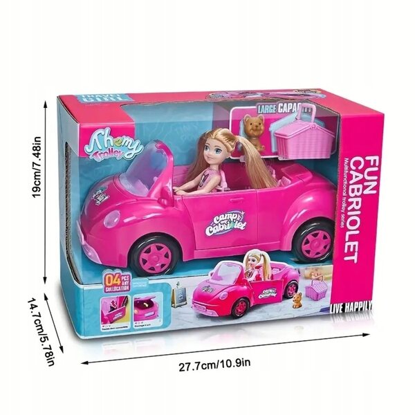 Set Giocattolo Bambina con Mini Doll, Cane e Auto Cabriolet Rosa