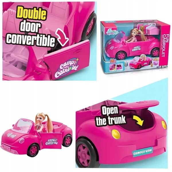 Set Giocattolo Bambina con Mini Doll, Cane e Auto Cabriolet Rosa