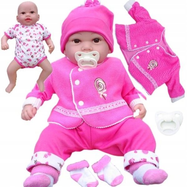 Eine kleine Puppe, die auf Polnisch spricht und singt, mit rosa Kleidung und einem milchigen Effekt