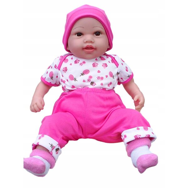 Eine kleine Puppe, die auf Polnisch spricht und singt, mit rosa Kleidung und einem milchigen Effekt
