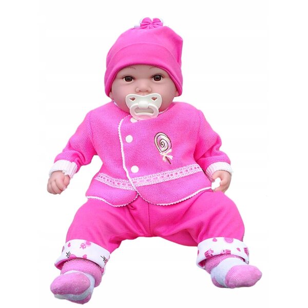 Eine kleine Puppe, die auf Polnisch spricht und singt, mit rosa Kleidung und einem milchigen Effekt