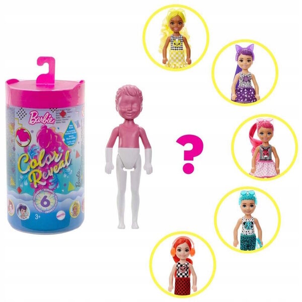 Barbie Chelsea Colour Reveal Brokatowa mit 6 Überraschungen und leuchtenden Accessoires