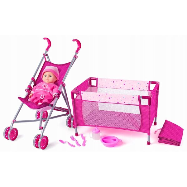 Set bambola con passeggino, lettino e accessori Woodyland 29 cm per bambini