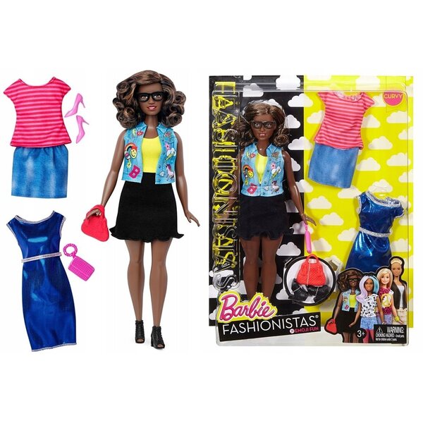 Barbie Fashionistas Curvy mit 3 mehrfarbigen Mode-Outfits – Puppe 29 cm