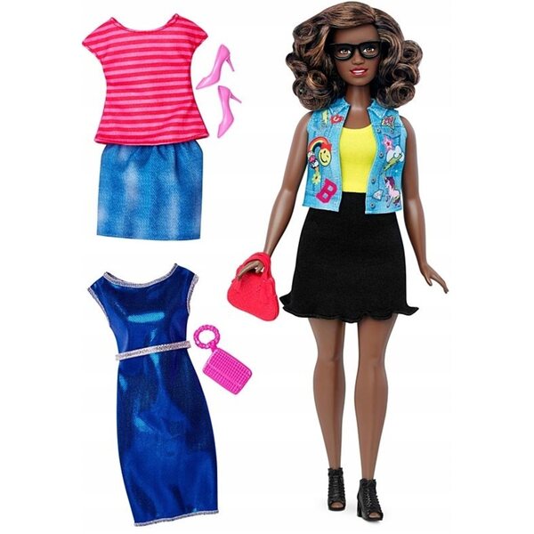 Barbie Fashionistas Curvy mit 3 mehrfarbigen Mode-Outfits – Puppe 29 cm
