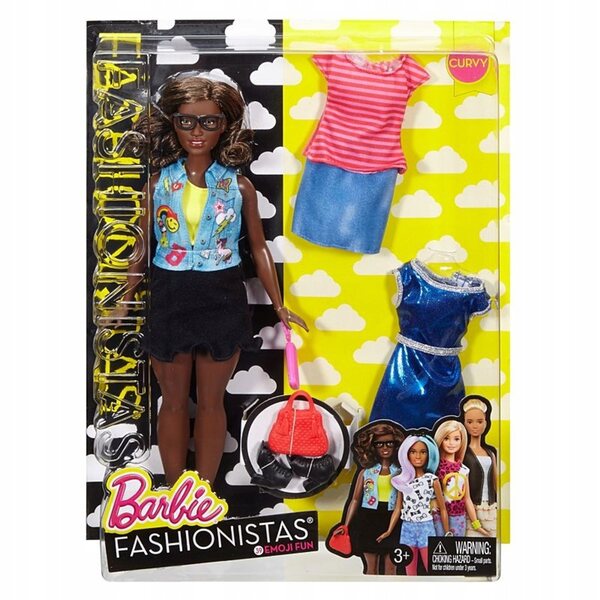 Barbie Fashionistas Curvy mit 3 mehrfarbigen Mode-Outfits – Puppe 29 cm