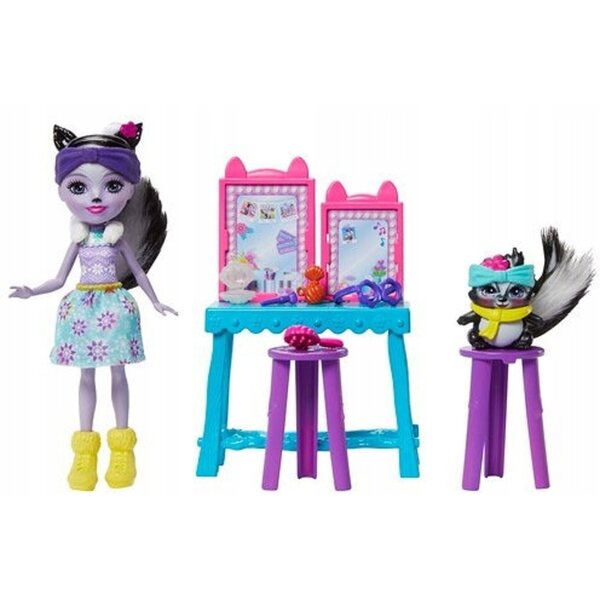 Enchantimals Barbie Winter mit Frisiertisch und Salbei-Stinktier-Puppe für Kinder ab 4 Jahren