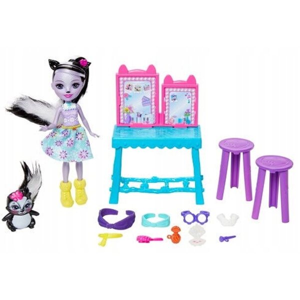 Enchantimals Barbie Winter mit Frisiertisch und Salbei-Stinktier-Puppe für Kinder ab 4 Jahren