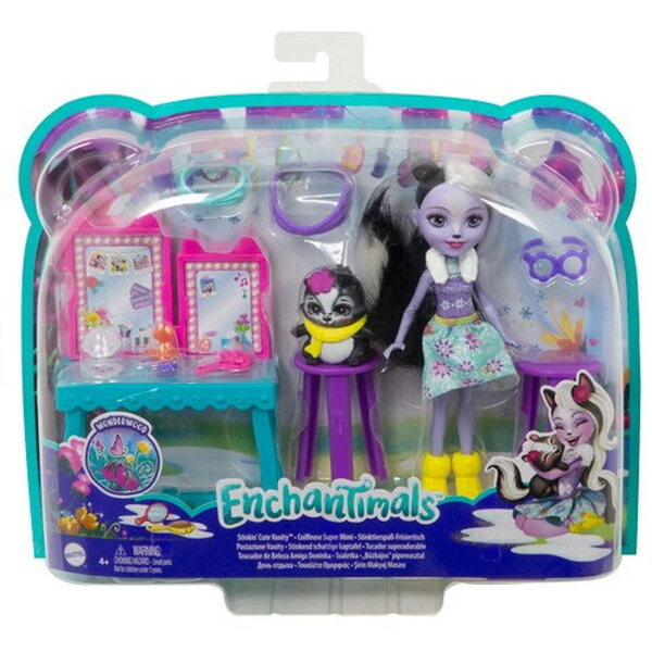 Enchantimals Barbie Winter mit Frisiertisch und Salbei-Stinktier-Puppe für Kinder ab 4 Jahren