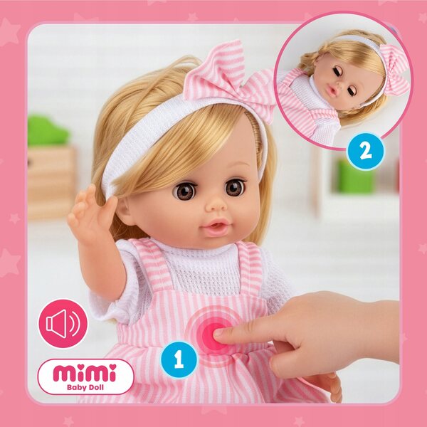 Baby Doll Kinderplay MiMi 35,5 cm rosa e bianca con suono e occhi mobili