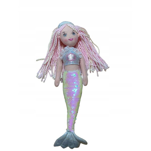 Bambola sirena in stoffa morbida 43 cm con capelli colorati e coda con paillettes