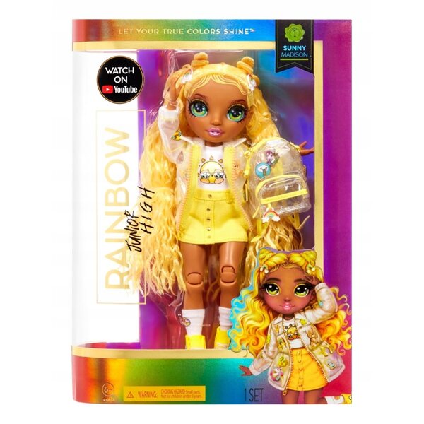 Bambola alla moda Rainbow High Sunny Madison con vestiti e accessori gialli