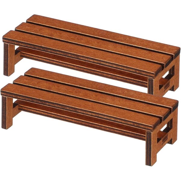 Set mit 2 Mini-Holzbänken 1:12 für Puppenhaus – braune dekorative Accessoires