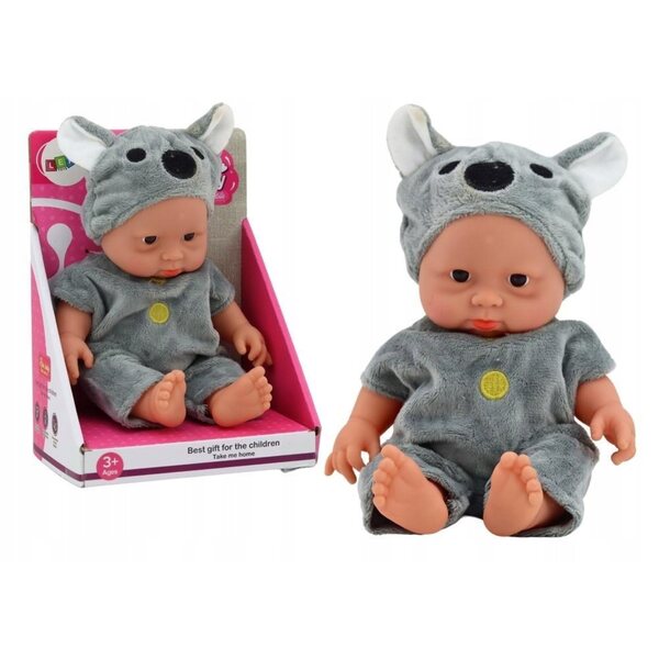 Kleine Babypuppe mit grauem Kleid und Koala-Hut LEAN Toys