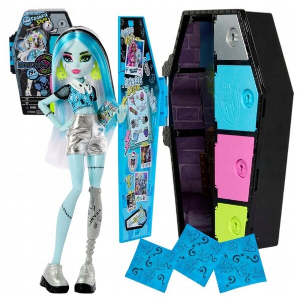 Monster High Frankie Stein con 19 Sorprese, Bambola con Armadietto e Accessori