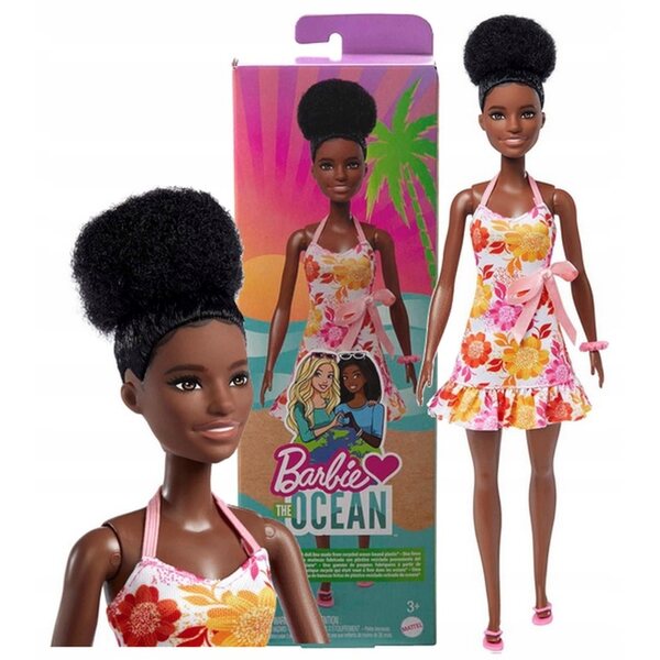 Barbie liebt den Ozean mit regenbogengestreiftem Kleid und recycelter rosa Brille