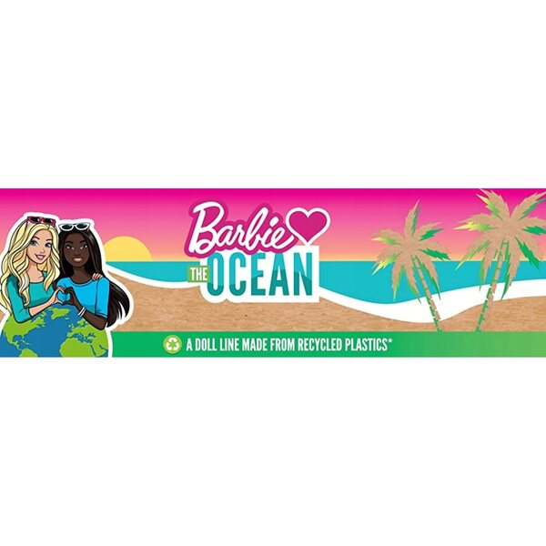 Barbie liebt den Ozean mit regenbogengestreiftem Kleid und recycelter rosa Brille