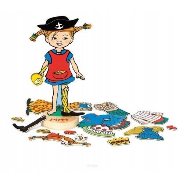 Bambola di legno Pippi con 20 vestiti e accessori magnetici per bambini