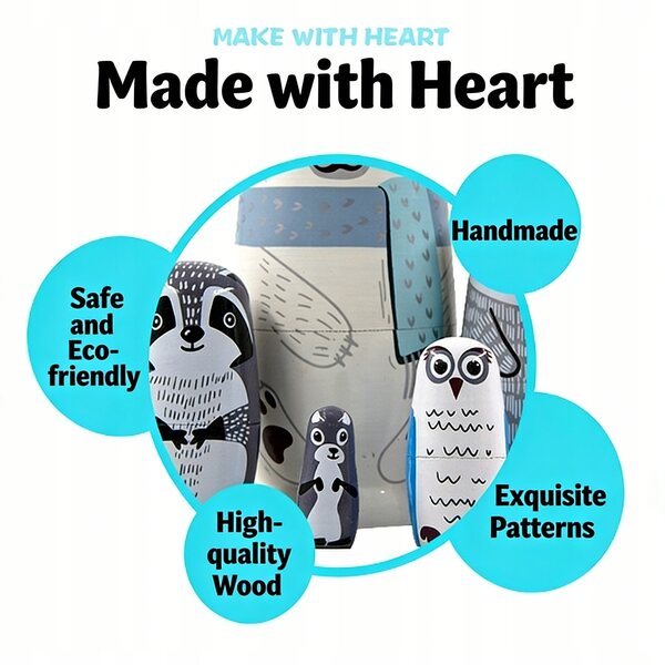 Matriosche in legno a tema animali - Set di 5 giocattoli educativi per bambini