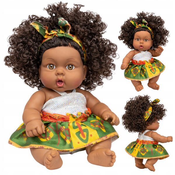 Babydoll afro nera 28 cm, capelli morbidi e ricci, sicura per i bambini