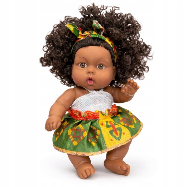 Babydoll afro nera 28 cm, capelli morbidi e ricci, sicura per i bambini