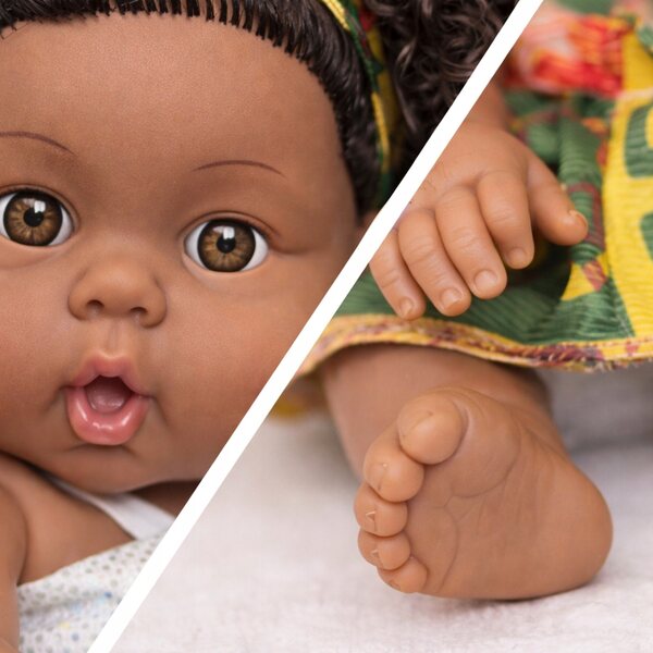 Babydoll afro nera 28 cm, capelli morbidi e ricci, sicura per i bambini