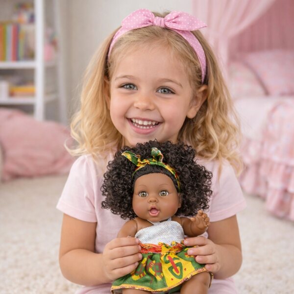 Babydoll afro nera 28 cm, capelli morbidi e ricci, sicura per i bambini