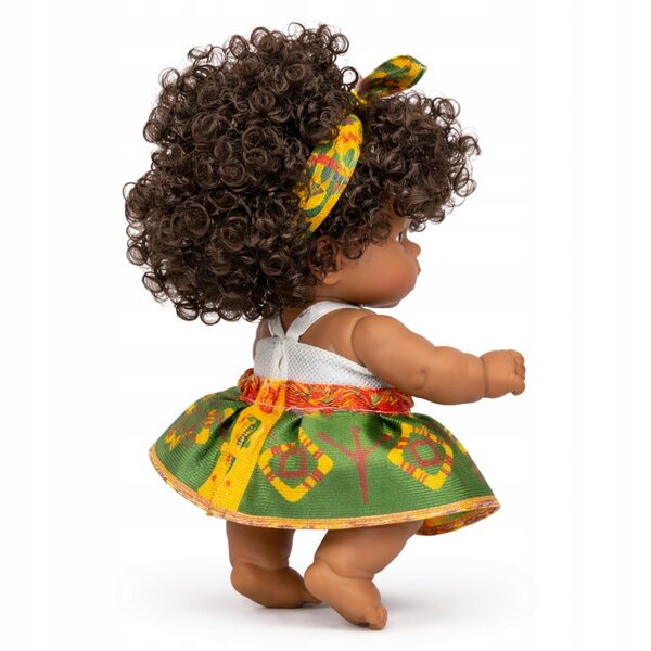Babydoll afro nera 28 cm, capelli morbidi e ricci, sicura per i bambini