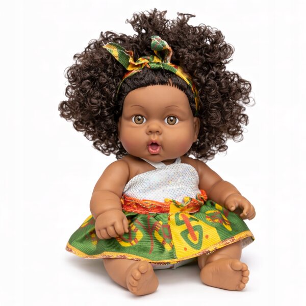 Babydoll afro nera 28 cm, capelli morbidi e ricci, sicura per i bambini