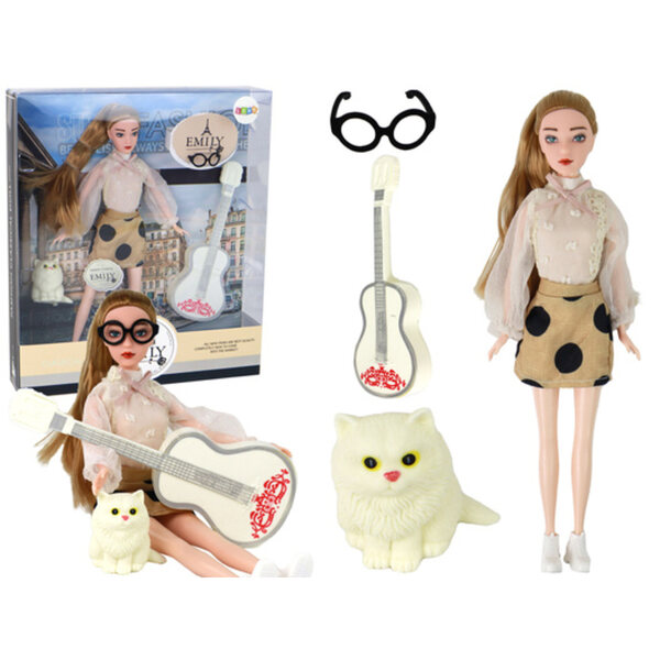 Bambola Emily con Chitarra, Occhiali e Gattino per Bambini da 3 Anni