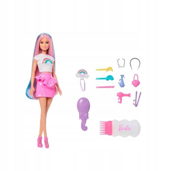 Barbie mit glitzernden Regenbogenhaaren und Accessoires – Mattel 12 cm