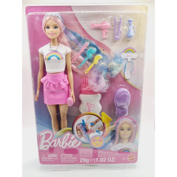 Barbie mit glitzernden Regenbogenhaaren und Accessoires – Mattel 12 cm
