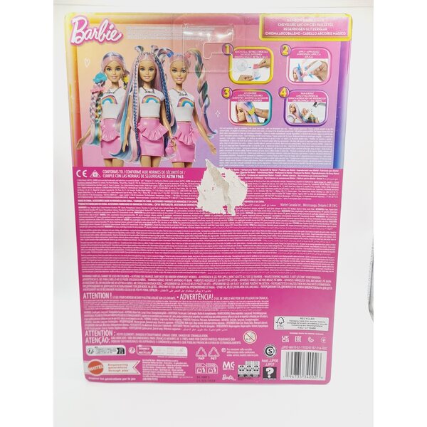 Barbie mit glitzernden Regenbogenhaaren und Accessoires – Mattel 12 cm