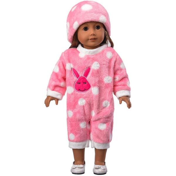 Amerikanische Puppenkleidung 18 Zoll – Rosa Plüsch-Overall mit Hase und Pyjama mit Mütze