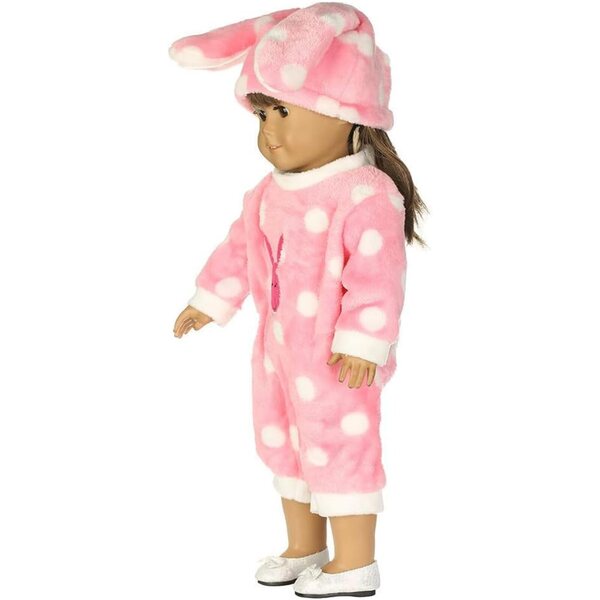 Amerikanische Puppenkleidung 18 Zoll – Rosa Plüsch-Overall mit Hase und Pyjama mit Mütze