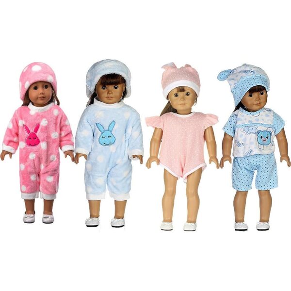 Amerikanische Puppenkleidung 18 Zoll – Rosa Plüsch-Overall mit Hase und Pyjama mit Mütze