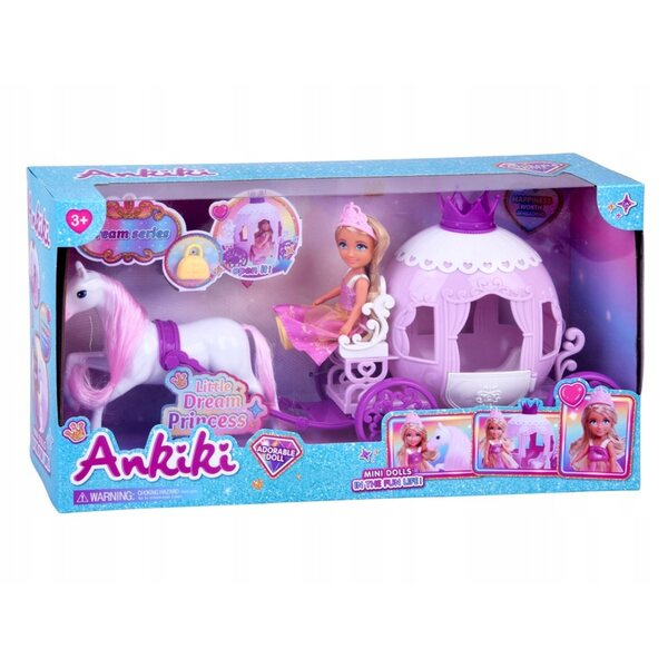 Mini-Ankiki-Puppe mit Kutsche – Kleine Prinzessin im rosa Kleid 18 cm