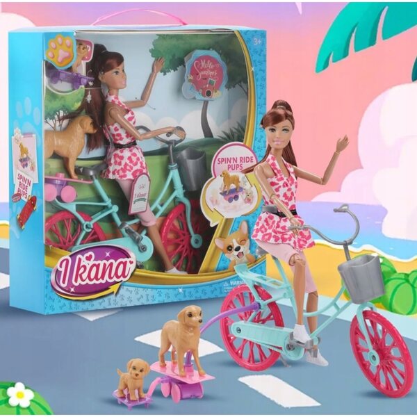 Bambola con bicicletta e cagnolini rosa gioco educativo per bambini 3+