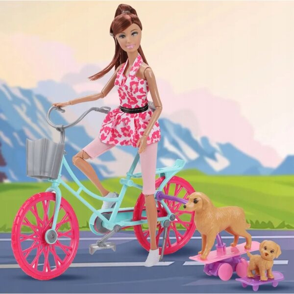 Bambola con bicicletta e cagnolini rosa gioco educativo per bambini 3+