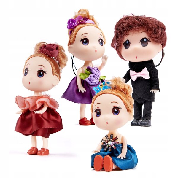 Set 4 Bambole per Casa delle Bambole 12 cm con Ragazzi e Ragazze, Eleganti e Mobili